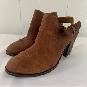 Brown Leather Ankle Booties Lucky Brand Stacked Heel Slingback Boots Size 9.5